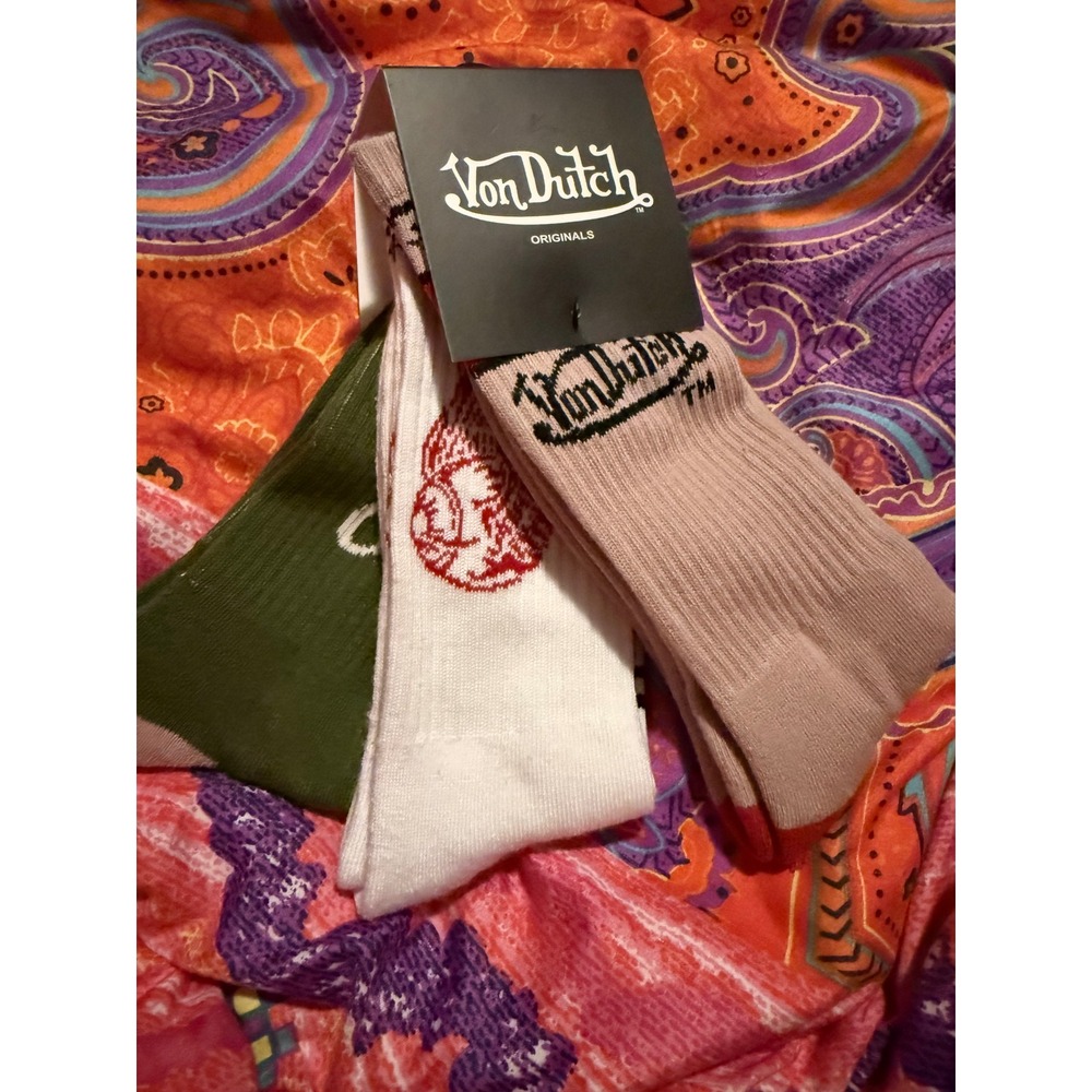 Von Dutch Originals 3 Pack Crew Socks Multi Color Logo Winged Eyeball New